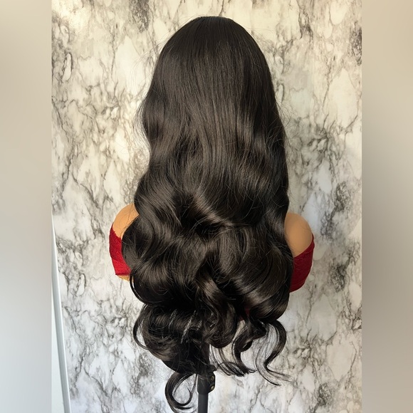 26 Inch Long Wave Curly Black Wig with Bangs density 200% - Picture 5 of 16